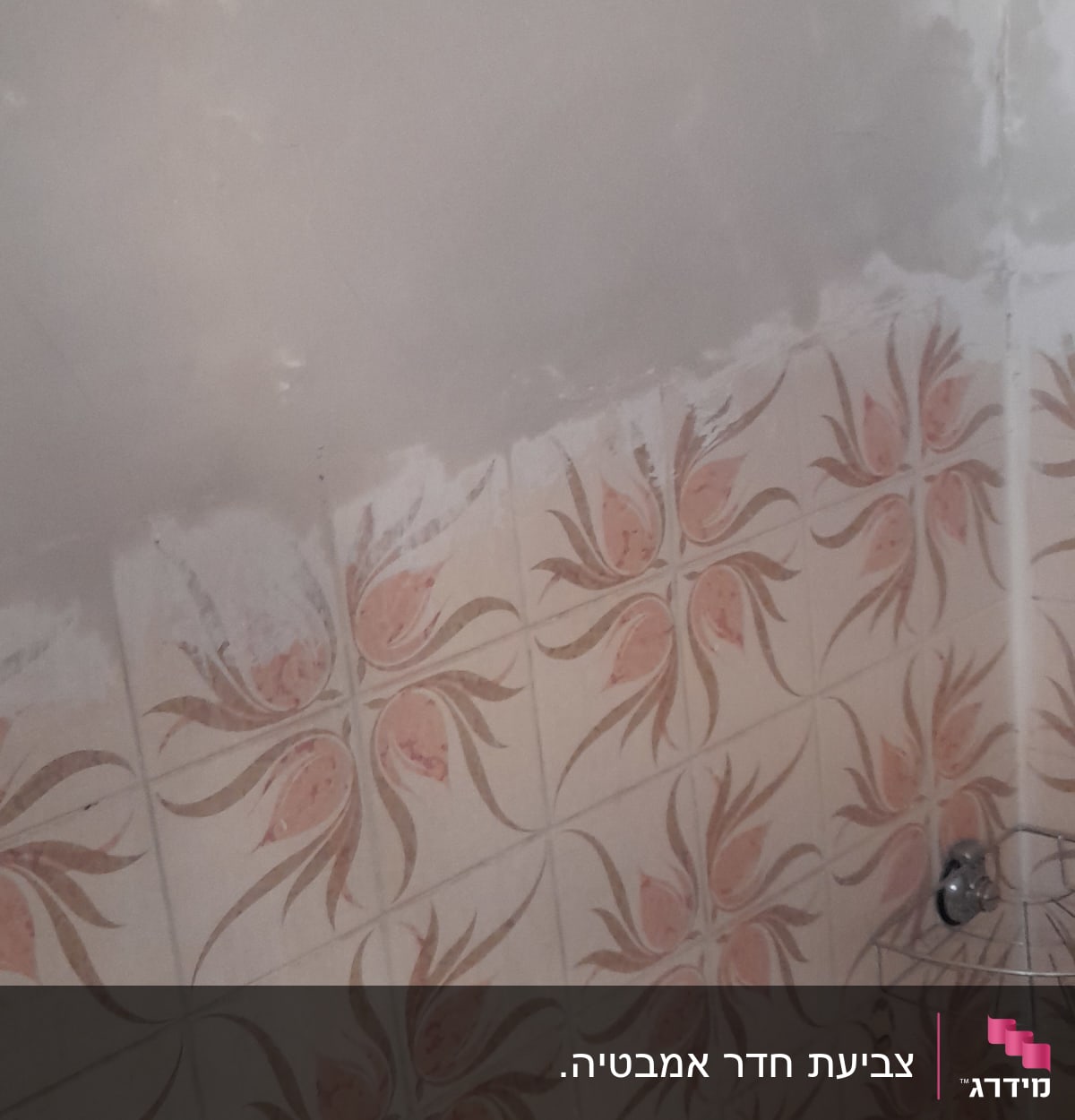 קיר צבוע חלקית מעל אריחים מעוטרים בפרחים